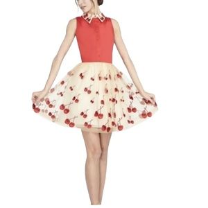 Alice + Olivia Appliqué Embroidered Cherry Tulle Dress Women Poof Collared Red 6